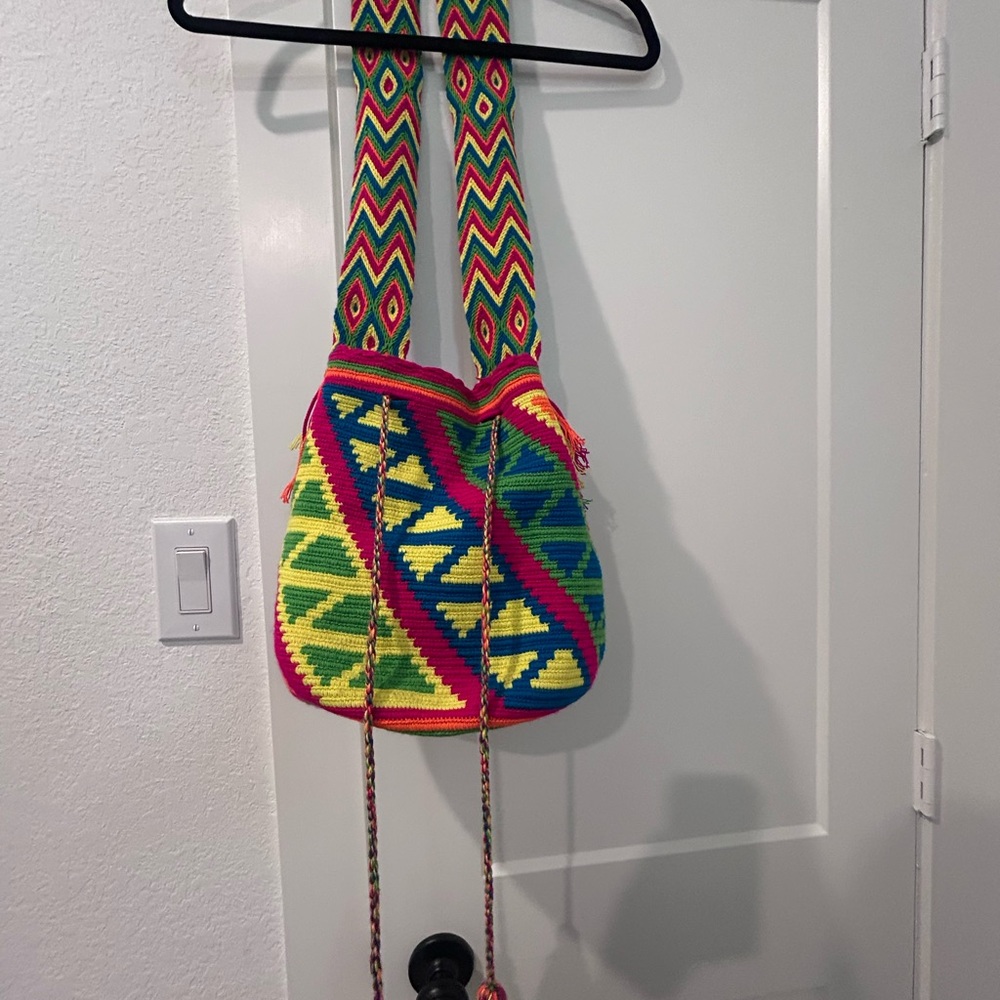 Source Unknown Handwoven Crossbody Bucket Bag - Pink, Green & Blue